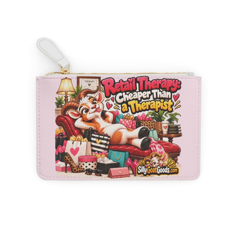Personalisierte Mini-Clutch für Shopping-Fans, Kosmetiktasche mit Reißverschluss und individuellem Namen, lustiges Geschenk für Ziegenliebhaber, Geschenk für Shopping-Begeisterte, Geschenk für Sie Bild 2