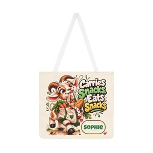 Personalised Carries Snacks Shoulder Tote Bag, Custom Name All Over Print Cotton Bag, Funny Goat Gift, Foodie Gift, Gift for Her image 1