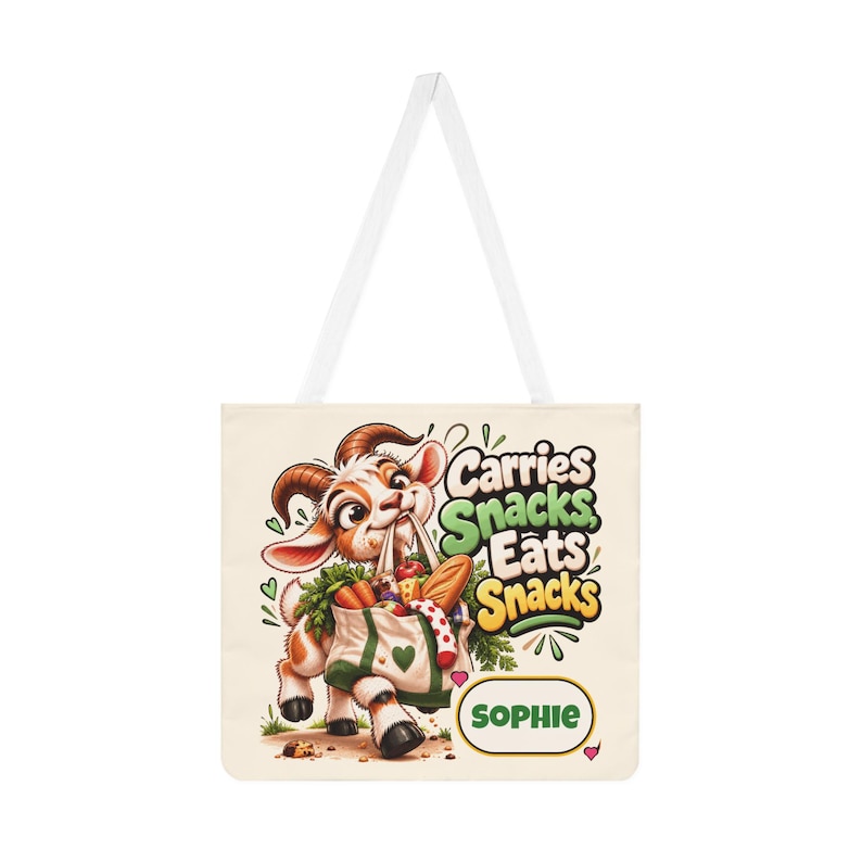 Personalised Carries Snacks Shoulder Tote Bag, Custom Name All Over Print Cotton Bag, Funny Goat Gift, Foodie Gift, Gift for Her image 1