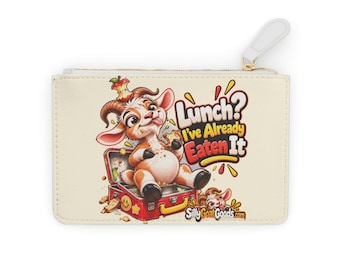May include: A cream-colored rectangular zipper pouch featuring a cartoon goat sitting on an open red lunchbox. The goat has an apple core on its head and holds a sandwich. Text reads: Lunch? I've Already Eaten It and SillyGoatGoods.com.