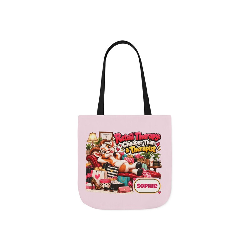 Bolso de lona personalizado para terapia de compras, bolso con correa de color con nombre personalizado, regalo divertido de cabra, regalo para adictas a las compras, regalo para ella. imagen 2