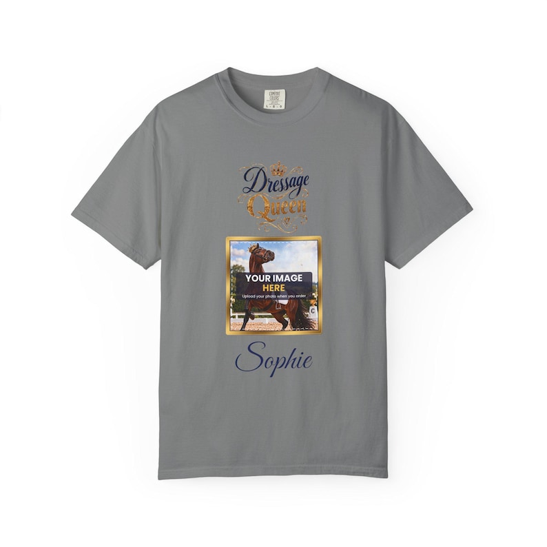 Personalised Dressage Queen T-Shirt, Your Horse Photo & Name, Custom Dressage Shirt, Dressage Rider Gift, Equestrian Gift, Horse Lover Tee image 3