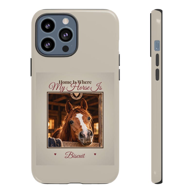 Custodia per telefono personalizzata con foto di cavallo, resistente per iPhone e Samsung, "Casa è dove c'è il mio cavallo", nome del cavallo personalizzato, regalo per appassionati di equitazione. immagine 13