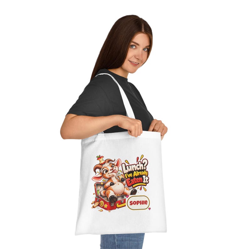 Gepersonaliseerde lunchtas met opdruk "Lunch already eat", katoenen boodschappentas met eigen naam, grappig geitencadeau, cadeau voor foodies, cadeau voor haar afbeelding 4