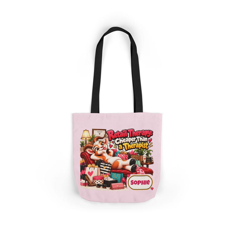 Bolso de lona personalizado para terapia de compras, bolso con correa de color con nombre personalizado, regalo divertido de cabra, regalo para adictas a las compras, regalo para ella. imagen 7