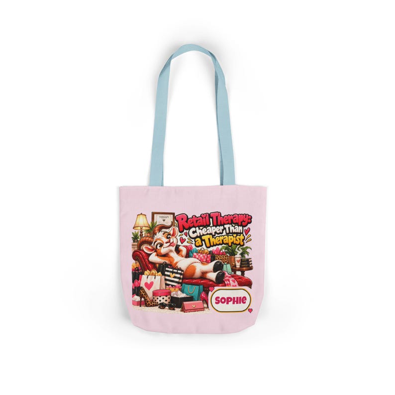Bolso de lona personalizado para terapia de compras, bolso con correa de color con nombre personalizado, regalo divertido de cabra, regalo para adictas a las compras, regalo para ella. imagen 8