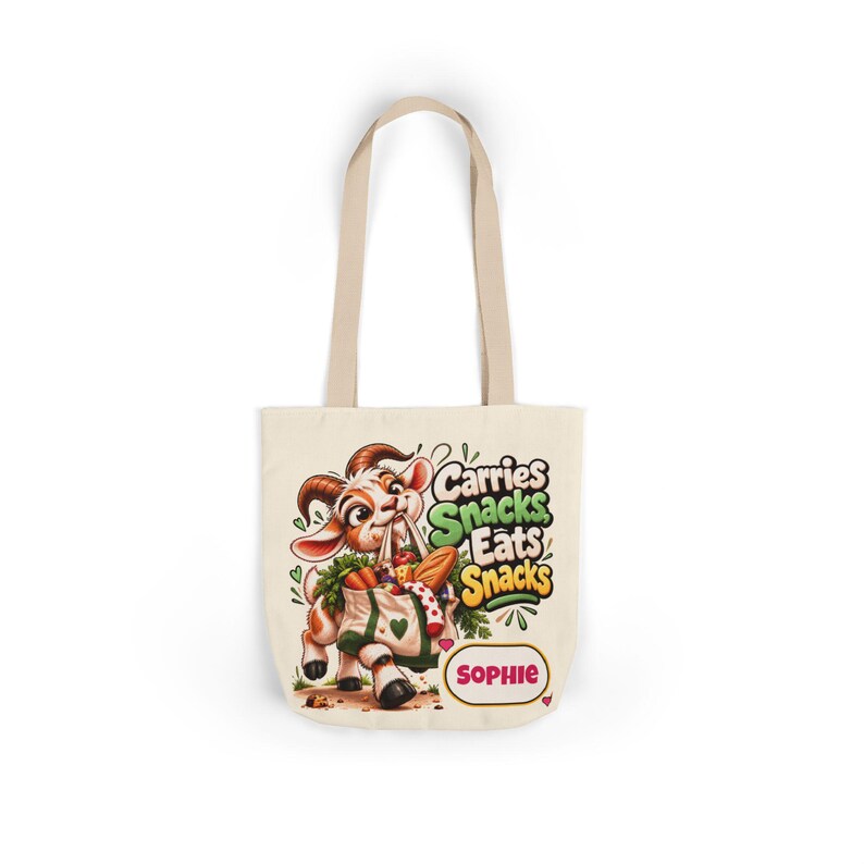 Personalised Carries Snacks Canvas Tote Bag, Custom Name Coloured Strap Tote, Funny Goat Gift, Foodie Gift, Gift for Her image 6