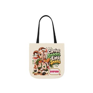 Personalised Carries Snacks Canvas Tote Bag, Custom Name Coloured Strap Tote, Funny Goat Gift, Foodie Gift, Gift for Her image 2