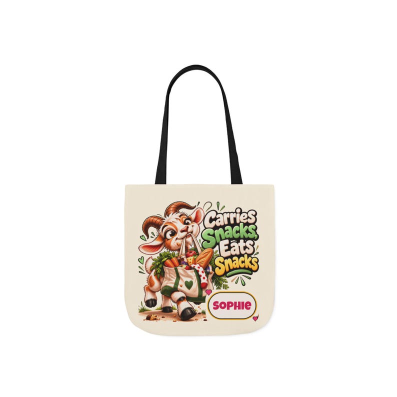 Personalised Carries Snacks Canvas Tote Bag, Custom Name Coloured Strap Tote, Funny Goat Gift, Foodie Gift, Gift for Her image 2