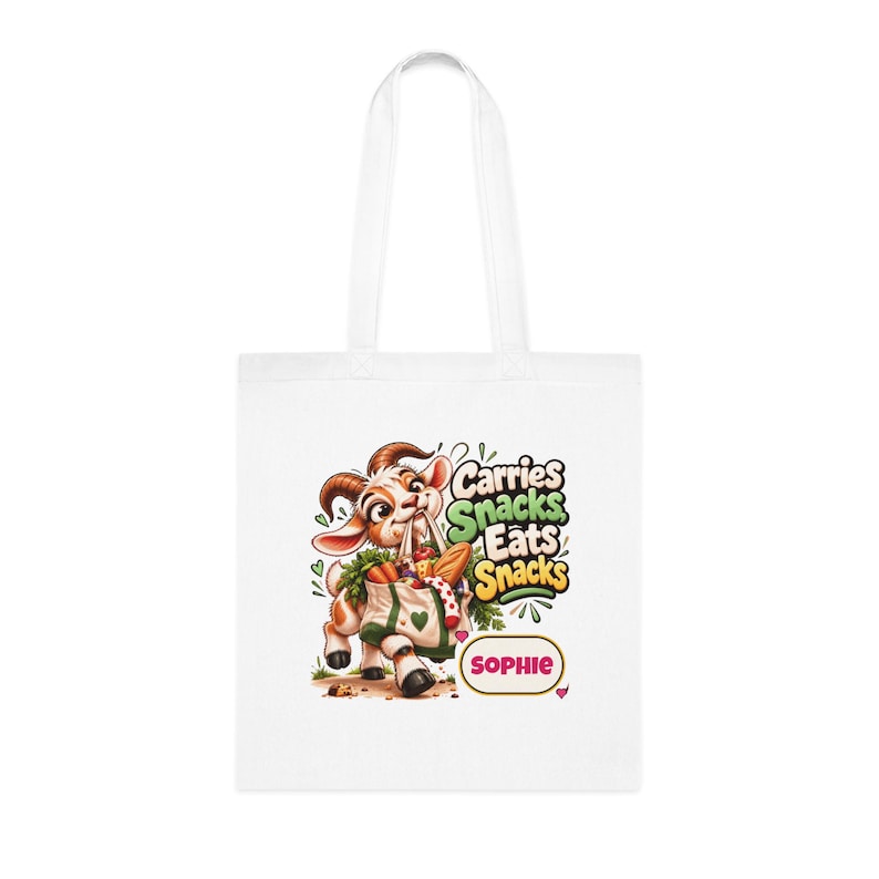 Bolsa de tela personalizada para llevar snacks, bolsa de compras de algodón con nombre personalizado, regalo divertido de cabra, regalo para amantes de la comida, regalo para ella. imagen 1