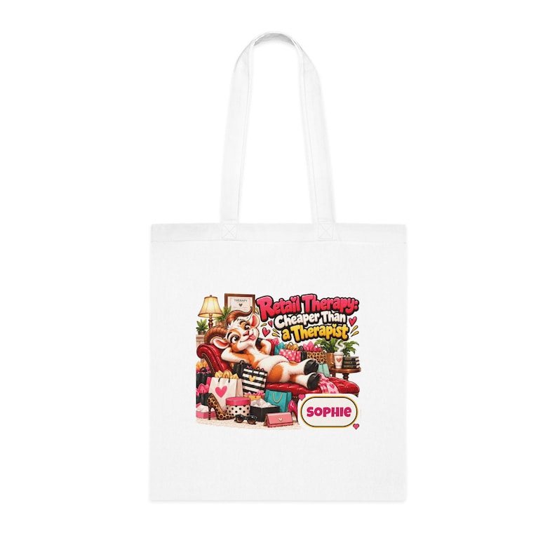 Personalised Retail Therapy Tote Bag, Custom Name Cotton Shopping Bag, Funny Goat Gift, Shopaholic Gift, Gift for Her image 1