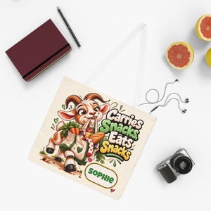 Personalised Carries Snacks Shoulder Tote Bag, Custom Name All Over Print Cotton Bag, Funny Goat Gift, Foodie Gift, Gift for Her image 4