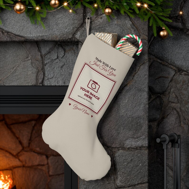 Personalised Photo Christmas Stocking, Custom Name Santa Stocking, Your Image Here, Family Pet Baby First Christmas Stocking image 4