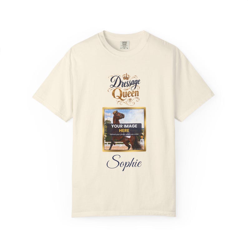 Personalised Dressage Queen T-Shirt, Your Horse Photo & Name, Custom Dressage Shirt, Dressage Rider Gift, Equestrian Gift, Horse Lover Tee image 2
