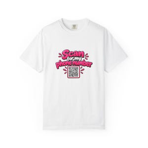 T-shirt met QR-code en scan voor mijn telefoonnummer, grappig openingszinnetje, T-shirt met QR-code, vrijgezellenfeestshirt, shirt voor singles, grappig cadeau