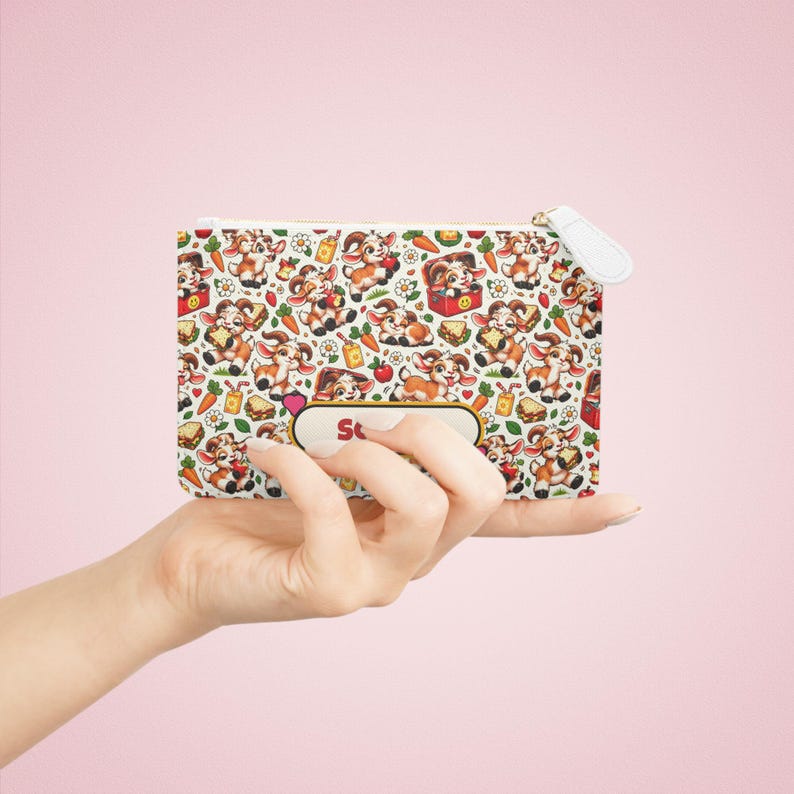 Personalised Goat Lunch Pattern Mini Clutch Bag, Custom Name Zip Purse Makeup Bag, Funny Goat Gift, Foodie Gift, Gift for Her image 4