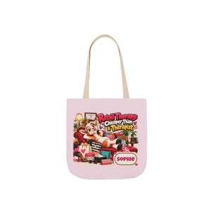 Bolso de lona personalizado para terapia de compras, bolso con correa de color con nombre personalizado, regalo divertido de cabra, regalo para adictas a las compras, regalo para ella. imagen 1
