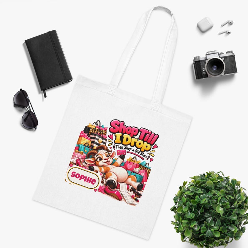Borsa tote personalizzata "Shop Till I Drop", borsa per la spesa in cotone con nome personalizzato, regalo divertente con capra, regalo per amante dello shopping, regalo per lei immagine 7