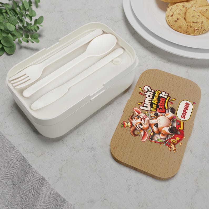 Personalised Bento Lunch Box with Name, Funny Goat Lunch? I've Already Eaten It, Custom Lunch Box with Cutlery, Office or School image 4