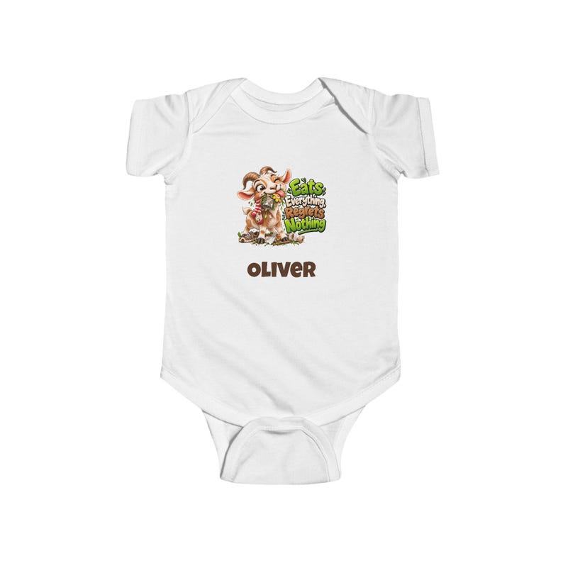 Personalised Baby Bodysuit, Eats Everything Regrets Nothing Goat Baby Vest, Custom Name Baby Grow, Baby Shower Gift, New Baby Gift image 1