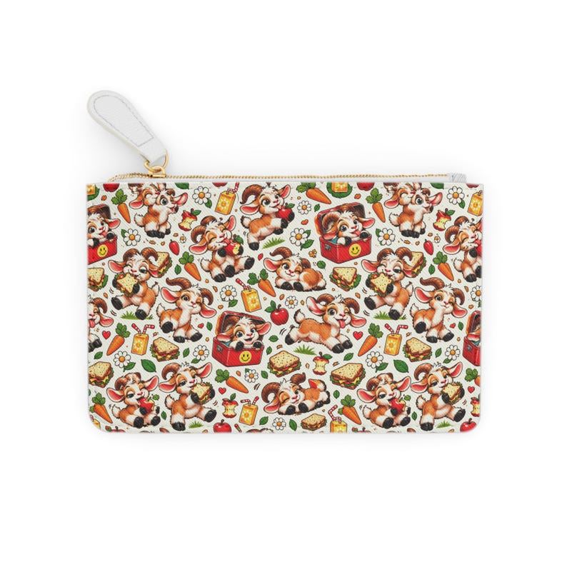 Personalised Goat Lunch Pattern Mini Clutch Bag, Custom Name Zip Purse Makeup Bag, Funny Goat Gift, Foodie Gift, Gift for Her image 2