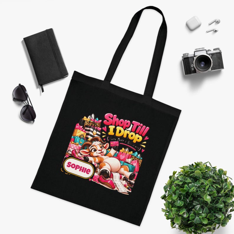 Borsa tote personalizzata "Shop Till I Drop", borsa per la spesa in cotone con nome personalizzato, regalo divertente con capra, regalo per amante dello shopping, regalo per lei immagine 9