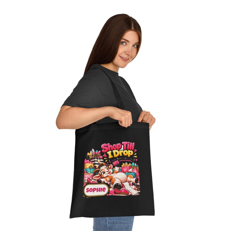 Borsa tote personalizzata "Shop Till I Drop", borsa per la spesa in cotone con nome personalizzato, regalo divertente con capra, regalo per amante dello shopping, regalo per lei immagine 6