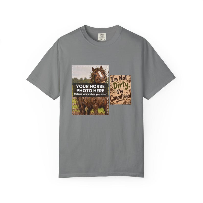 Personalisiertes T-Shirt mit Schlammpferd-Motiv, Foto Ihres Pferdes, „Ich bin nicht dreckig, ich bin nur getarnt“, individuelles Pony-Shirt, Geschenk für Pferdeliebhaber Bild 3