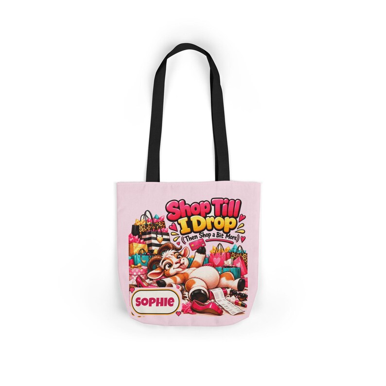 Personalised Shop Till I Drop Canvas Tote Bag, Custom Name Coloured Strap Tote, Funny Goat Gift, Shopaholic Gift, Gift for Her image 7