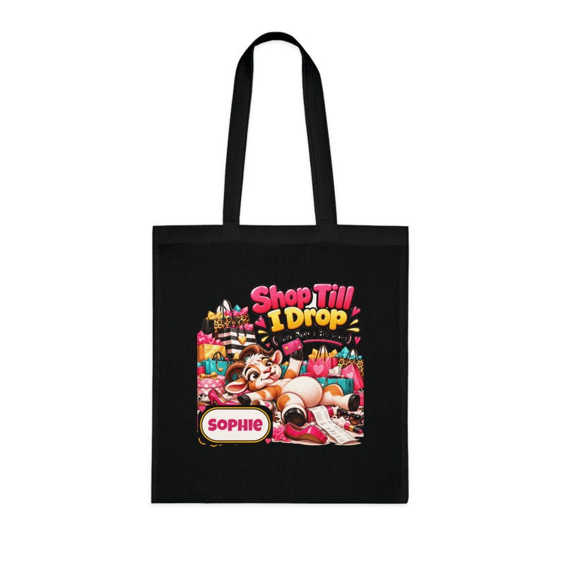 Borsa tote personalizzata "Shop Till I Drop", borsa per la spesa in cotone con nome personalizzato, regalo divertente con capra, regalo per amante dello shopping, regalo per lei immagine 3