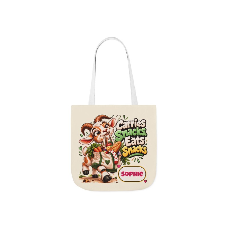 Personalised Carries Snacks Canvas Tote Bag, Custom Name Coloured Strap Tote, Funny Goat Gift, Foodie Gift, Gift for Her image 5