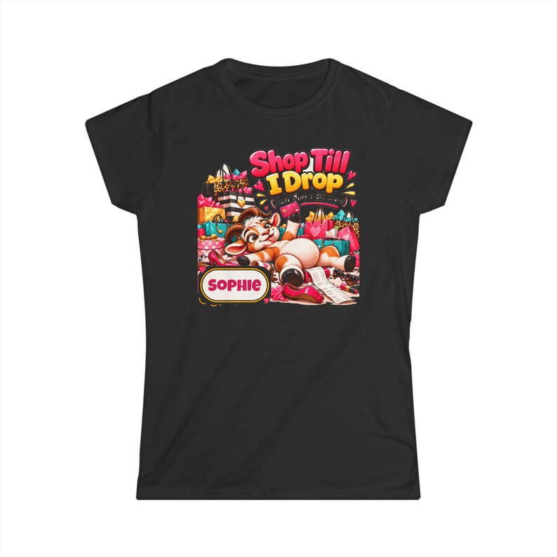 Personalised Shop Till I Drop Women's T-Shirt, Custom Name Ladies Fitted Tee, Funny Goat Gift, Shopaholic Gift, Gift for Her image 2