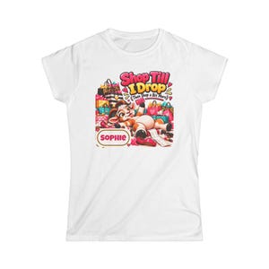 Personalised Shop Till I Drop Women's T-Shirt, Custom Name Ladies Fitted Tee, Funny Goat Gift, Shopaholic Gift, Gift for Her image 1