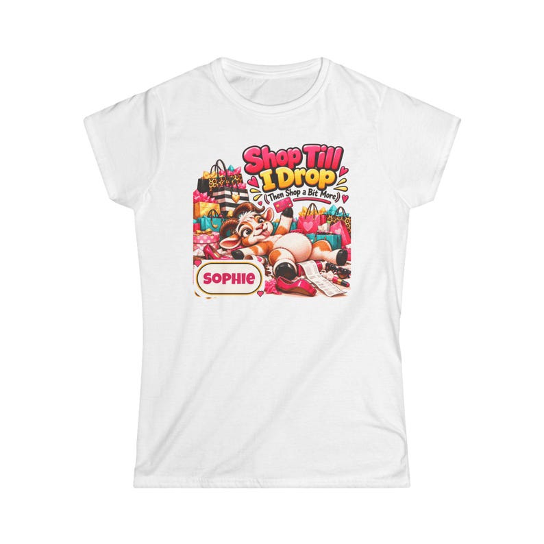 Personalised Shop Till I Drop Women's T-Shirt, Custom Name Ladies Fitted Tee, Funny Goat Gift, Shopaholic Gift, Gift for Her image 1
