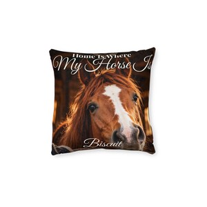 Personalised Horse Photo Cushion, Home Is Where My Horse Is Pillow, Custom Horse Name Cushion, Equestrian Gift, Horse Owner Gift image 1