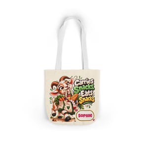 Personalised Carries Snacks Canvas Tote Bag, Custom Name Coloured Strap Tote, Funny Goat Gift, Foodie Gift, Gift for Her image 10