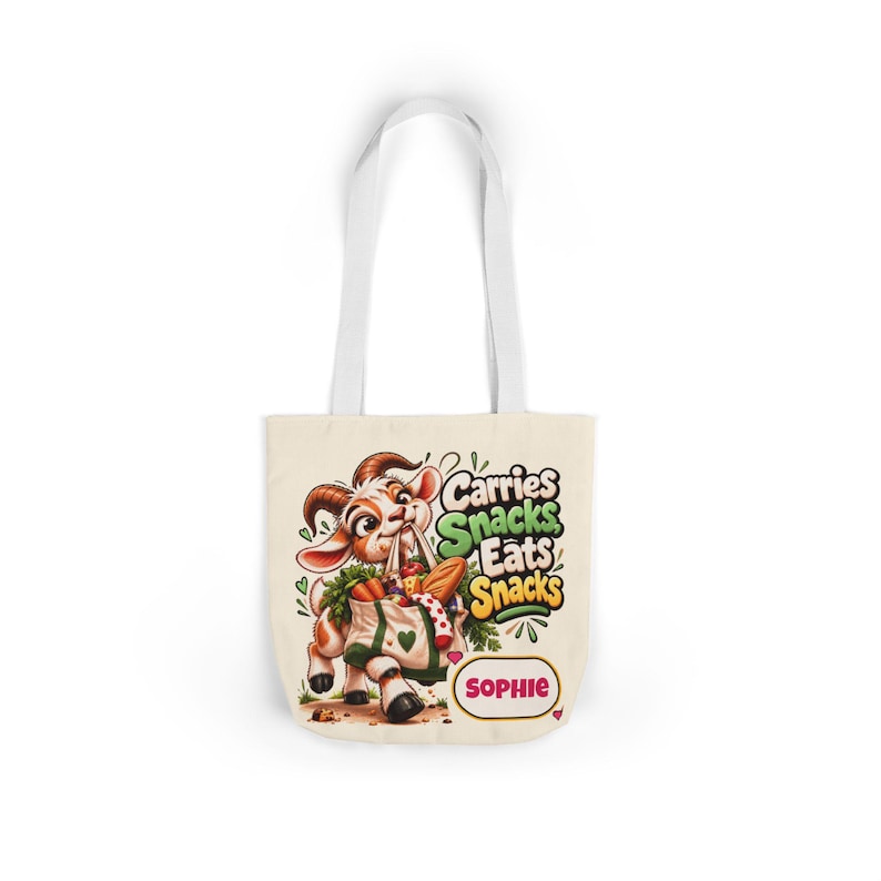 Personalised Carries Snacks Canvas Tote Bag, Custom Name Coloured Strap Tote, Funny Goat Gift, Foodie Gift, Gift for Her image 10