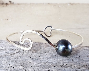 Silver Wave Bangle, Wave Heart Bracelet, Black Pearl Bangle