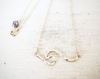 Tiny Wave Necklace, Wave Pendant, Wave Jewelry, Hammered Gold Wave Necklace