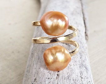 Champagne Pearl Ring, Double Pearl Ring, Gold Pearl Ring