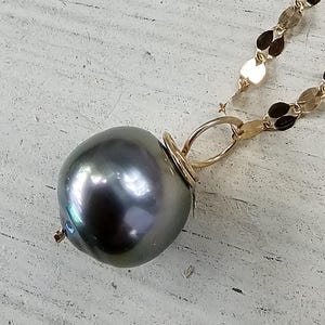 Tahitian Black Pearl Necklace, Black Pearl Pendant, Black Tahitian Pearl Pendant, 9mm Black Pearl on Gold Kite Chain