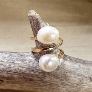 White Pearl Ring, Double Pearl Ring, Two Pearl Ring image 1