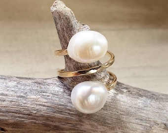 White Pearl Ring, Double Pearl Ring, Two Pearl Ring