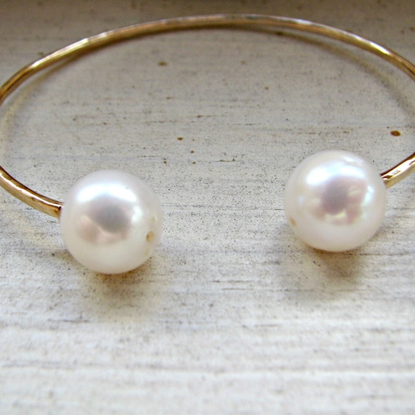 Double Pearl Cuff, Two Pearl Cuff, White Pearl Bangle, White Pearl Bracelet, Large White Pearls, Adjustable Gold Bangle