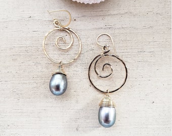 Black Pearl Earrings, Gold Koru Earrings, Jewelry with Meaning