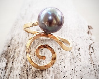 Black Pearl Ring, Koru Ring, Adjustable Ring, Spiral Ring, Jewelry with Meaning