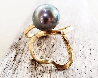 Tahitian Pearl Ring, Black Pearl Ring, Gold Heart Ring, Promise Ring, Love