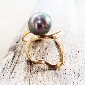Tahitian Pearl Ring, Black Pearl Ring, Gold Heart Ring, Promise Ring, Love Ring, Heart Shaped Ring, Peacock Pearl Ring, Adjustable Ring