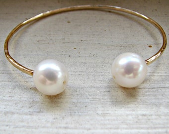 Double Pearl Cuff, Two Pearl Cuff, White Pearl Bangle, White Pearl Bracelet, Large White Pearls, Adjustable Gold Bangle