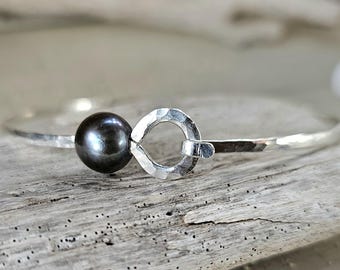 Black Pearl Bangle, Sterling Silver Peacock Pearl Bracelet